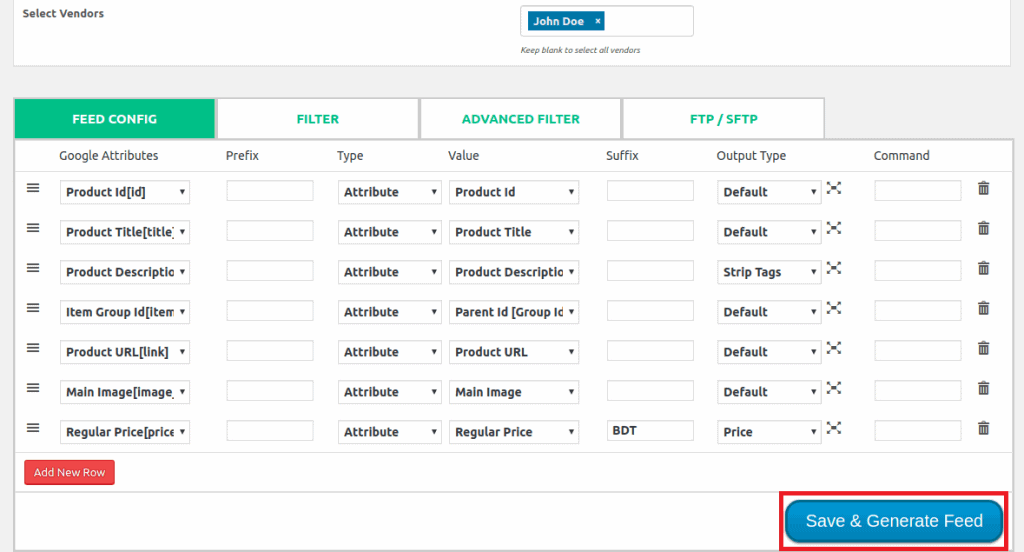 Create Product Feed for individual vendor step 2