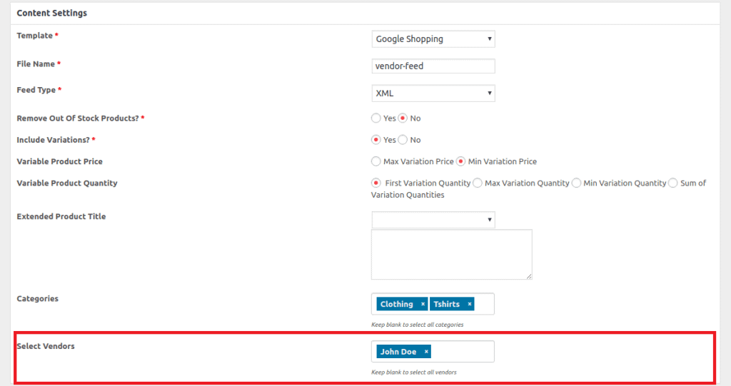 Create Product Feed for individual vendor step 1
