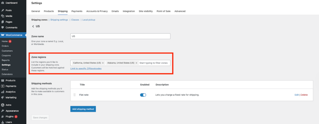 Set Up Shipping Zones region