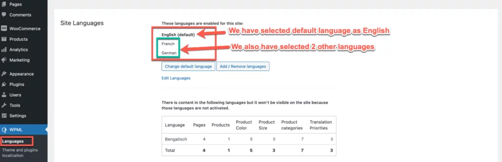 Selecting site languages in wpml