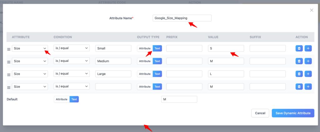 google size attribute mapping