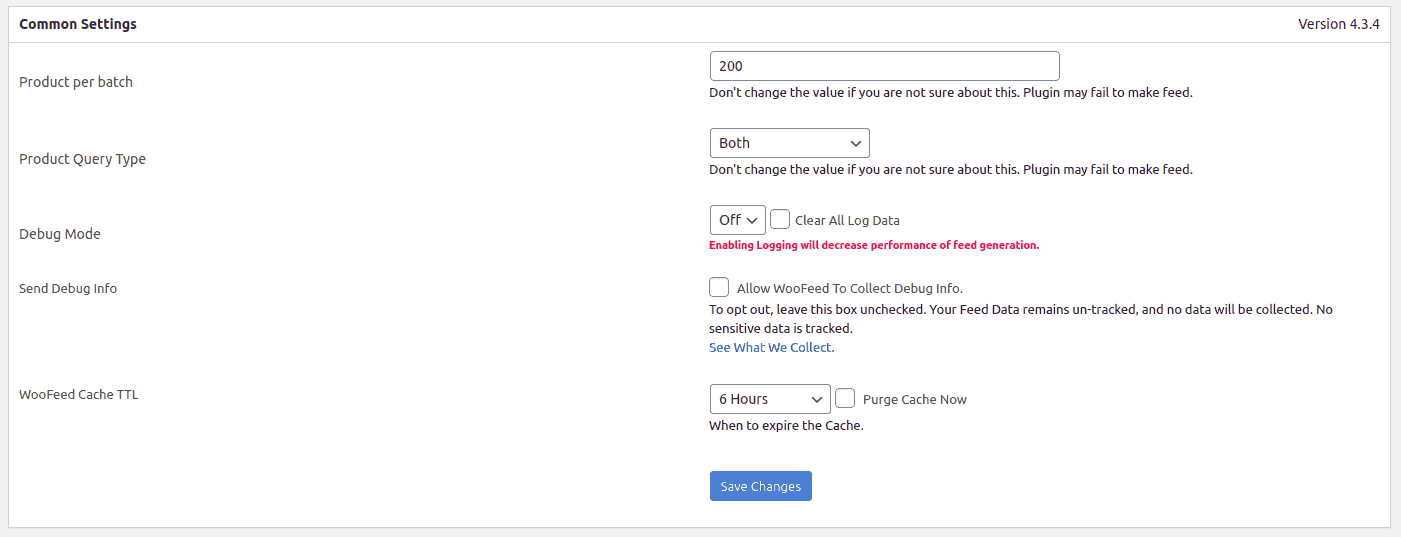 General settings section of WooCommerce Product feed