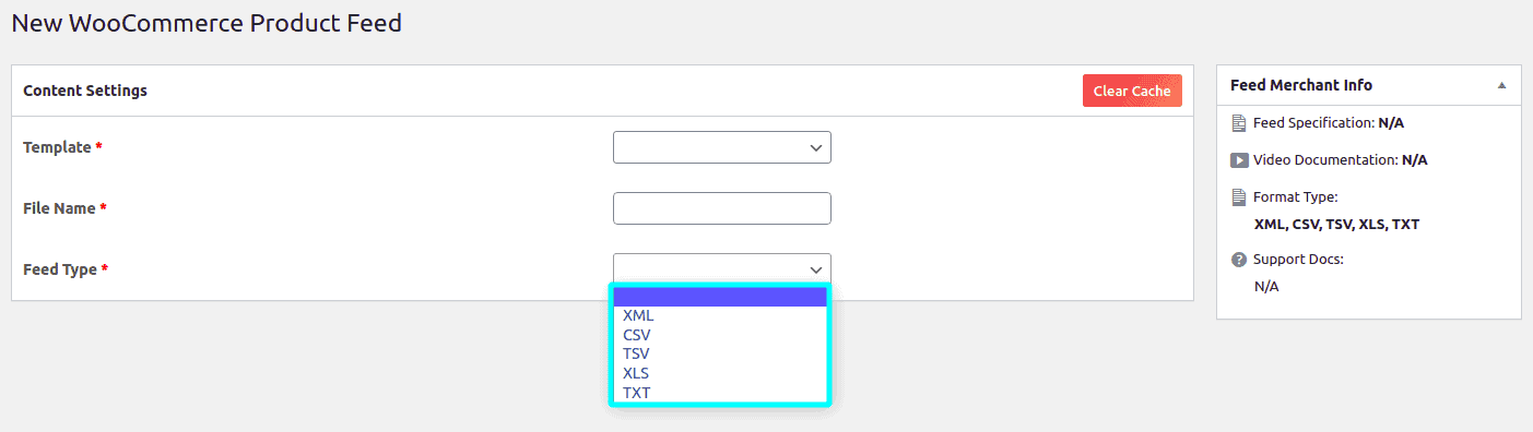 All the feed types from the content settings.