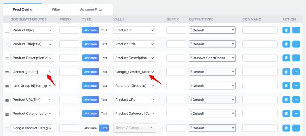 gender mapping in feed with ctx feed