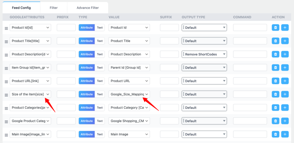 google size attribute in feed