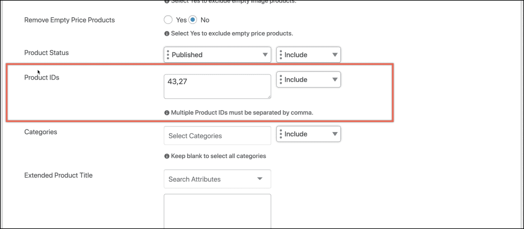 how to include/exclude products from a feed by product IDs