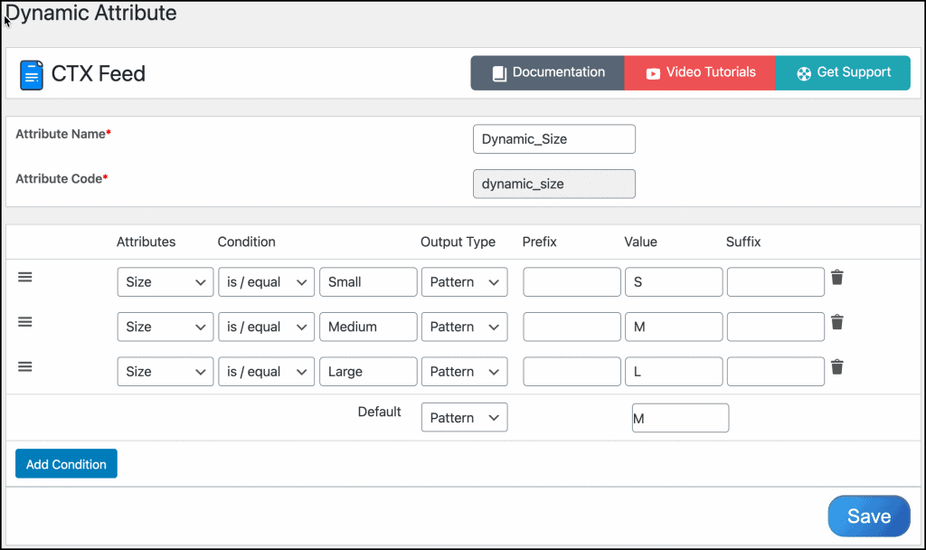 dynamically change the size value for google product feed by using CTX Feed