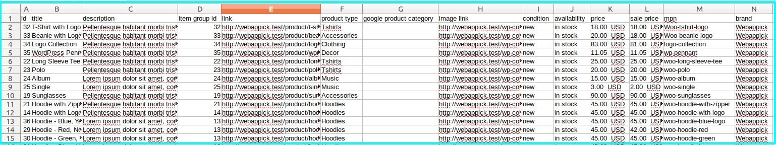 Example of WooCommerce product feed for Facebook CSV