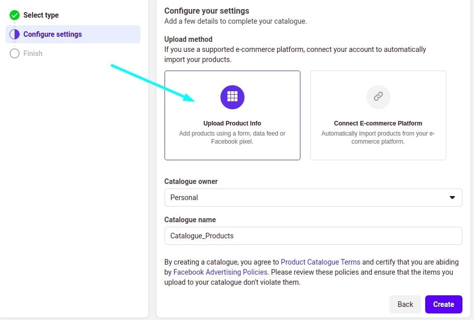 Configure settings for Facebook catalogue