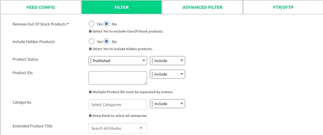 Filter option to optimize your product feeds