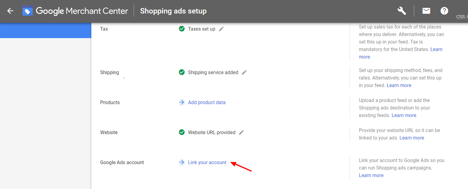 Link google ads with merchant center account