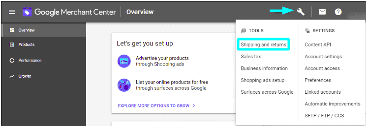 Shipping and return option on Google Merchant Center