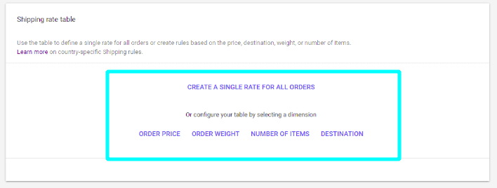 Shipping rate table options on Google Merchant Center