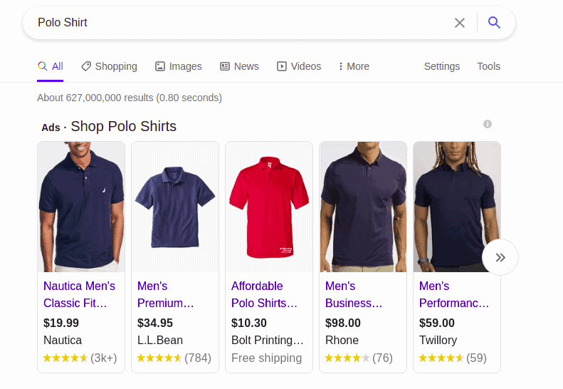 Shopping suggestions offered by Google