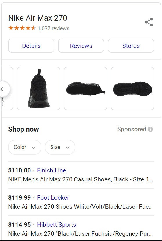 Nike AirMax shows on Google Shopping Ads