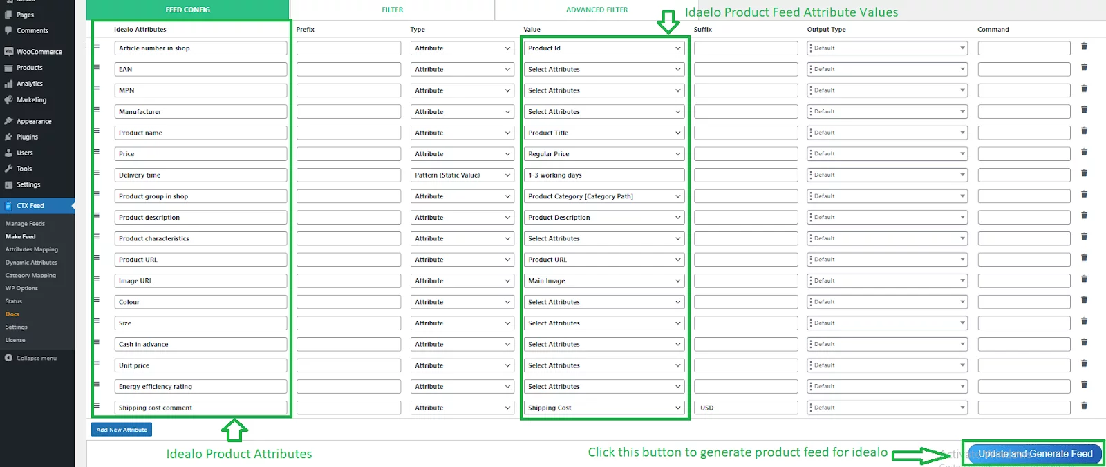 Idealo Feed and attribute values