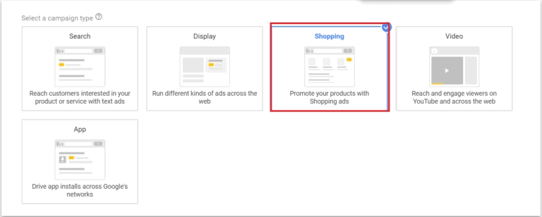 Selecting Shopping campaign on Google Shopping Campaign