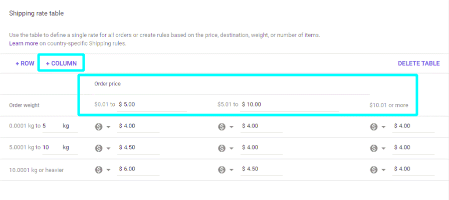 Weight-based shipping rate table