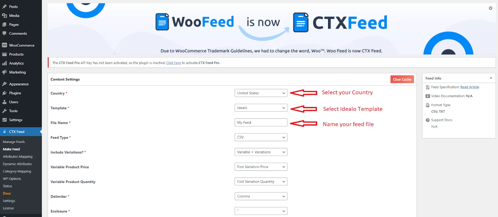 idealo template selection section in CTX Feed plugin