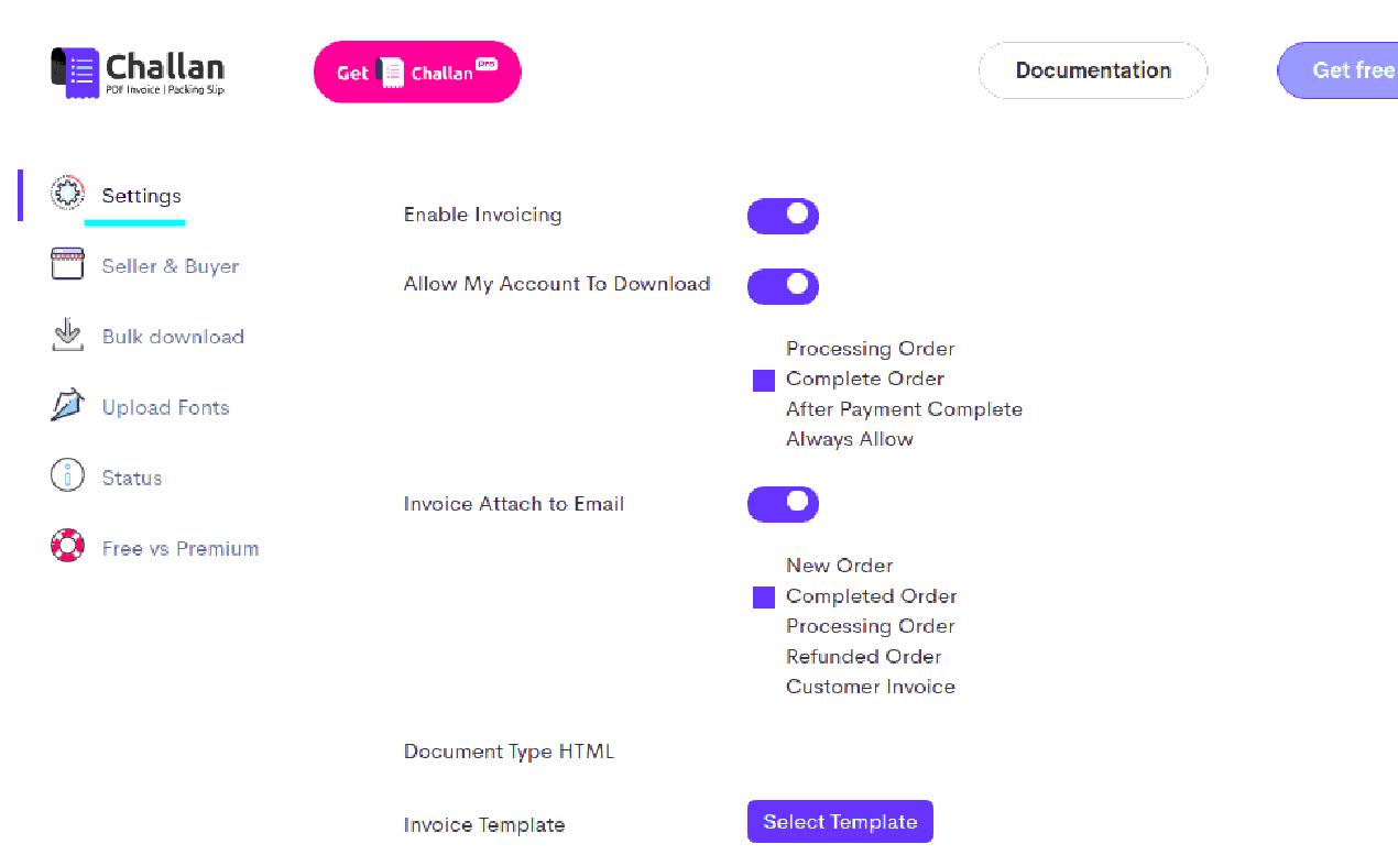 Chalan woocommerce pdf invoice plugin setting options.