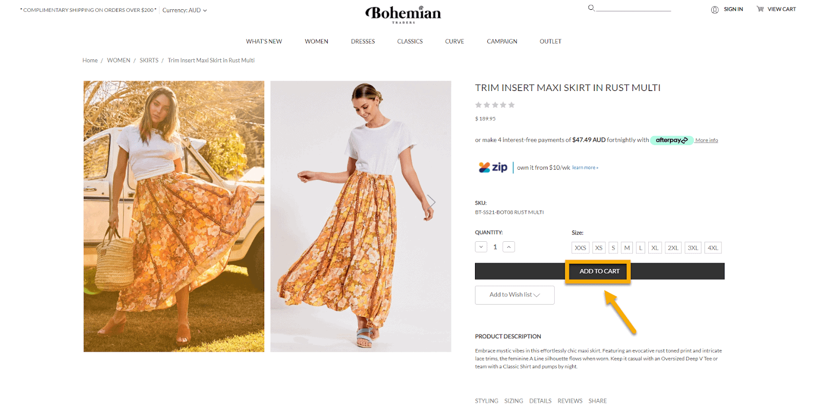 Bohemian Trader’s CTA a fashion ecommerce store