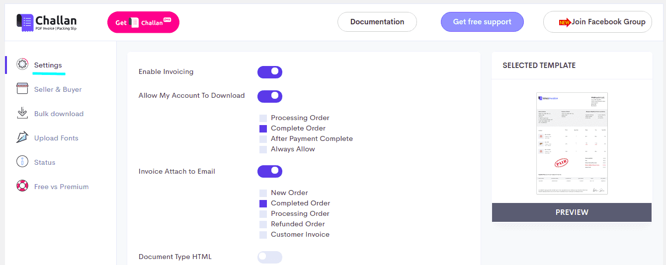 Settings options of Challan pdf invoice plugins