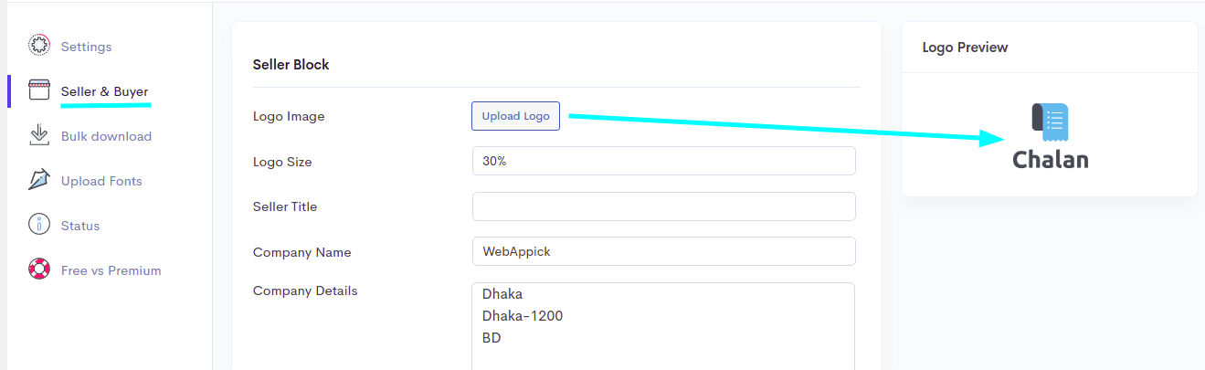 Upload your logo and company details in the seller and buyer tab
