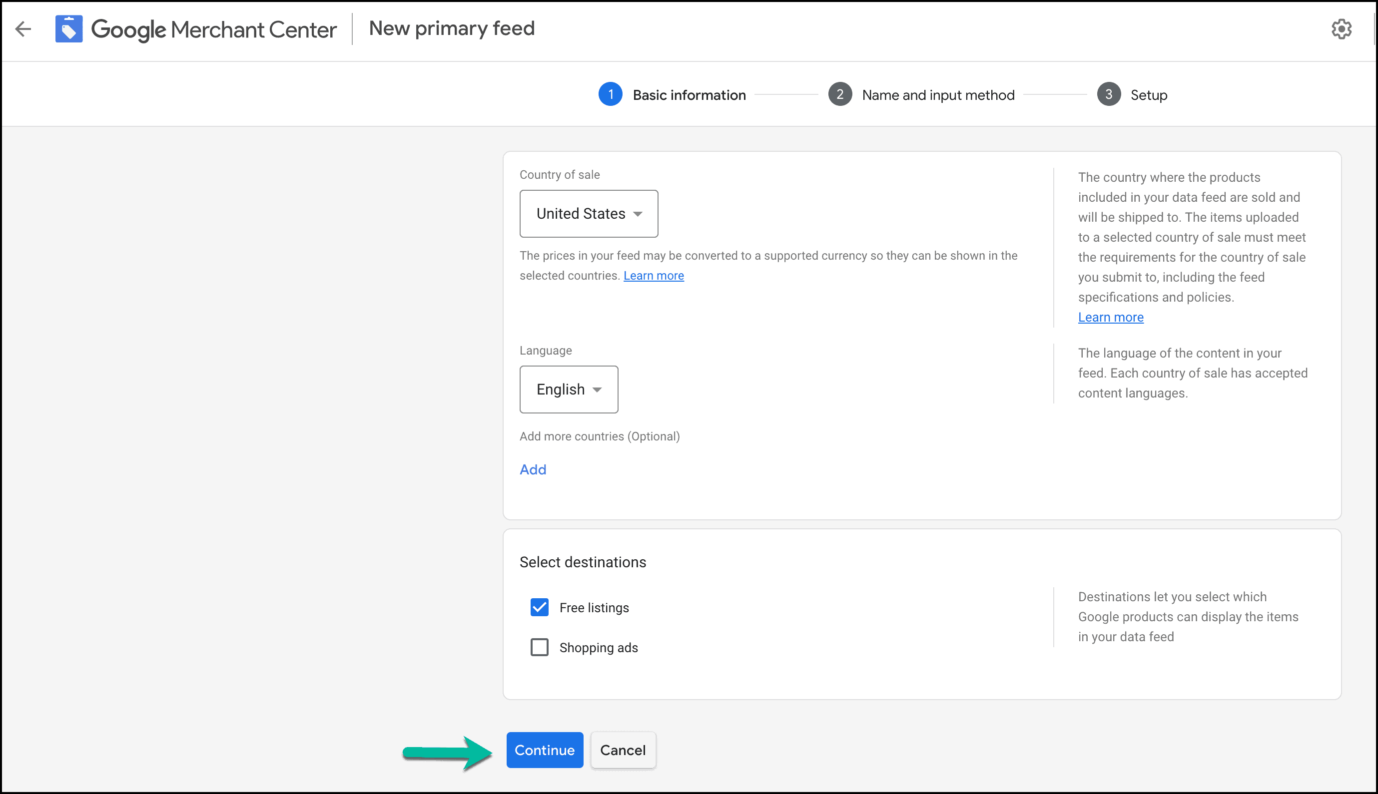 Google Merchant Center Country and Language