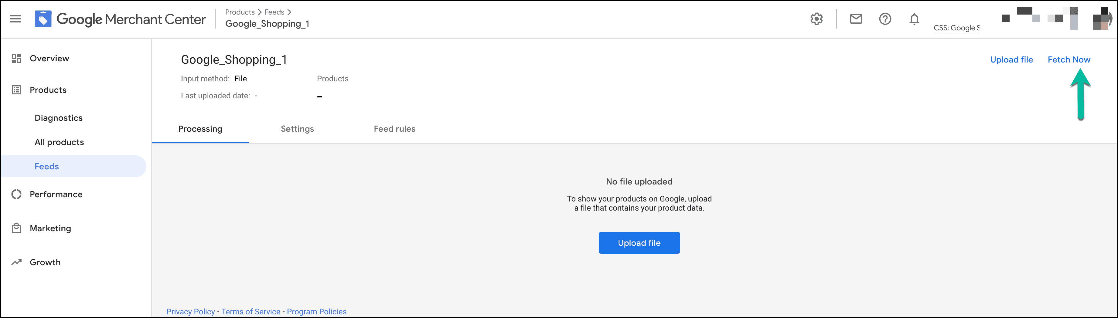 Google Merchant Center Fetch Now option