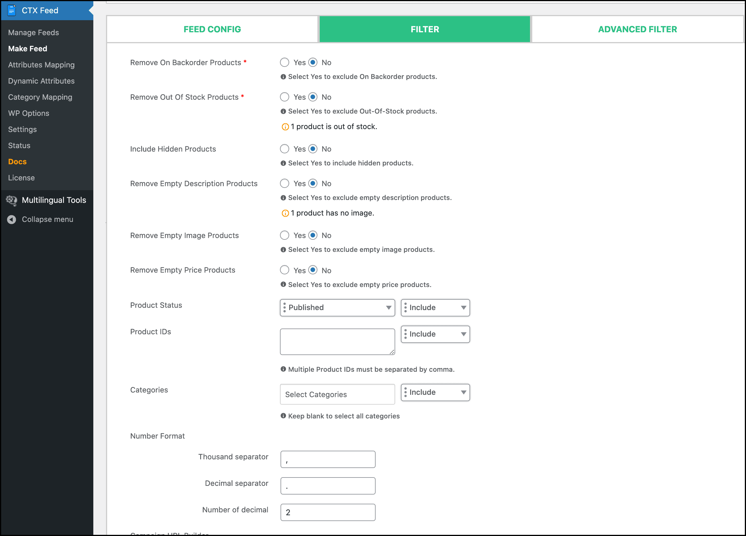 Various Filtering options of CTX Feed