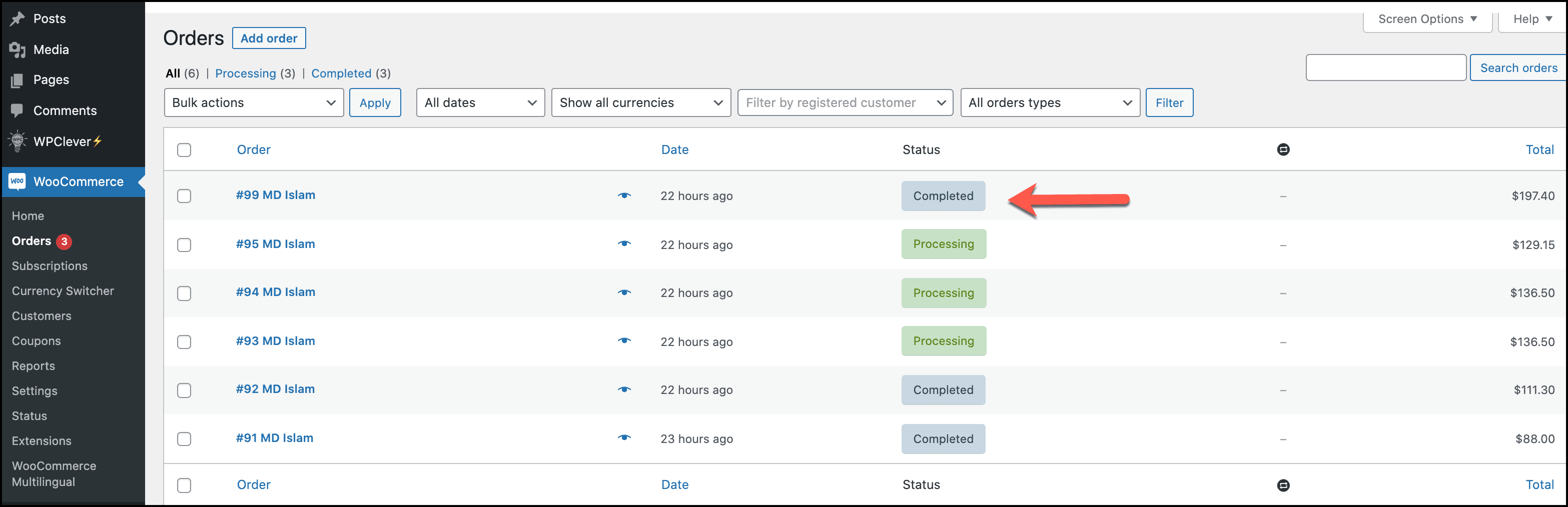 WooCommerce Completed or processed orders