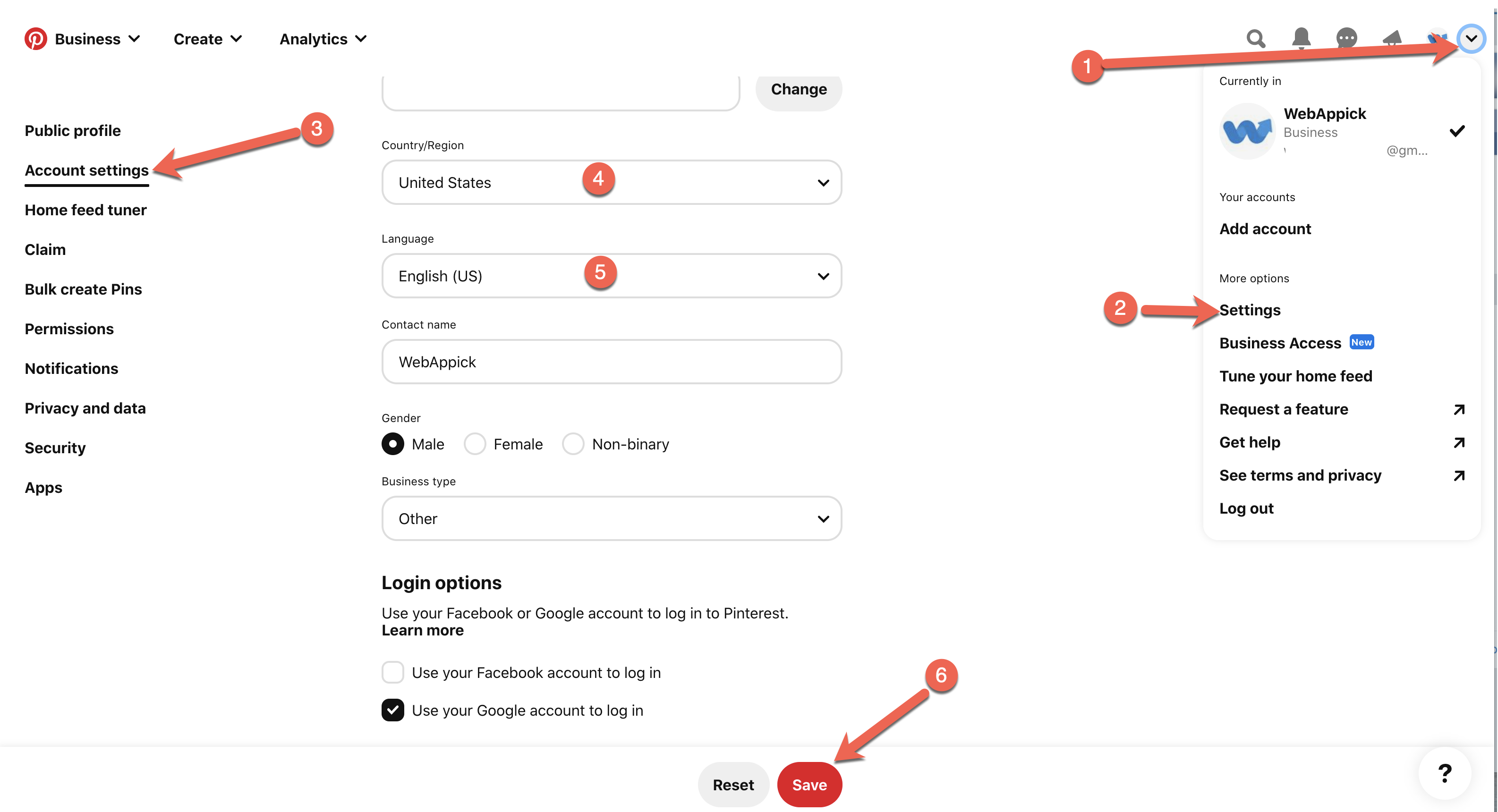 Accounts settings of Pinterest