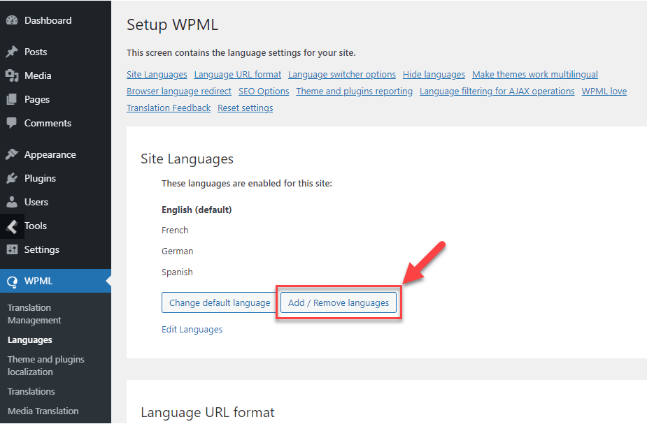 Add, remove, or edit language preference in WPML