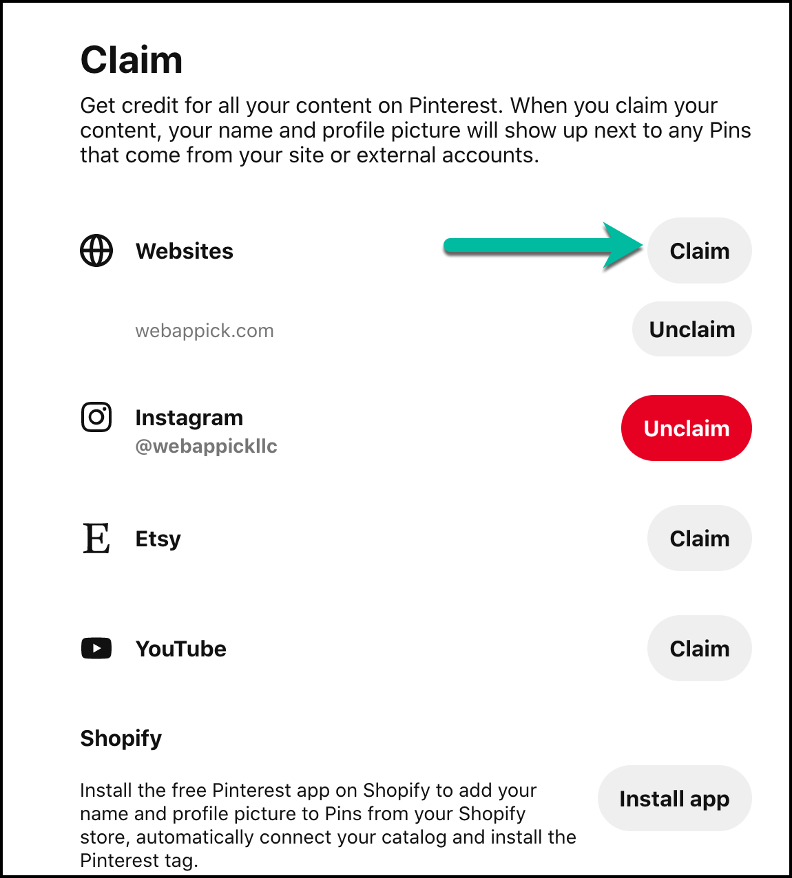 Clicking on claim on Pinterest