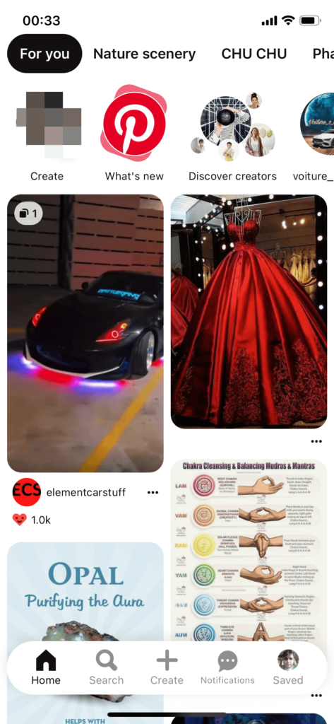 Pinterest home feed mobile app view