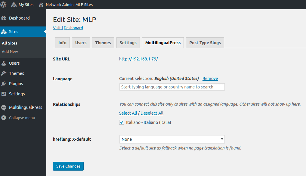 Sites menu after installing MultilingualPress