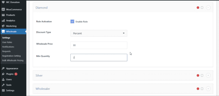 How to set discount type, wholesale price and minimum quantity for different user roles