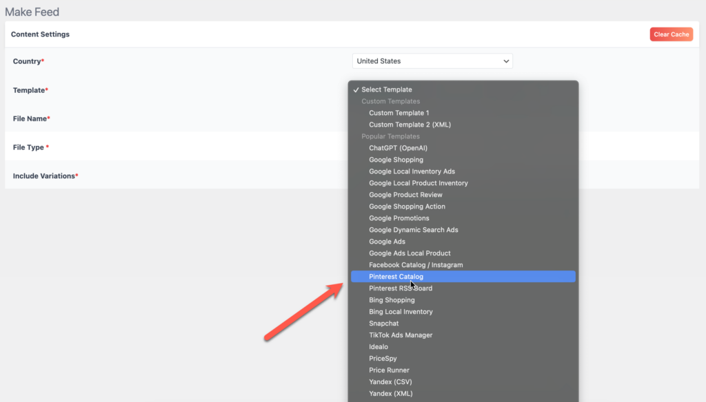 Select pinterest catalog feed