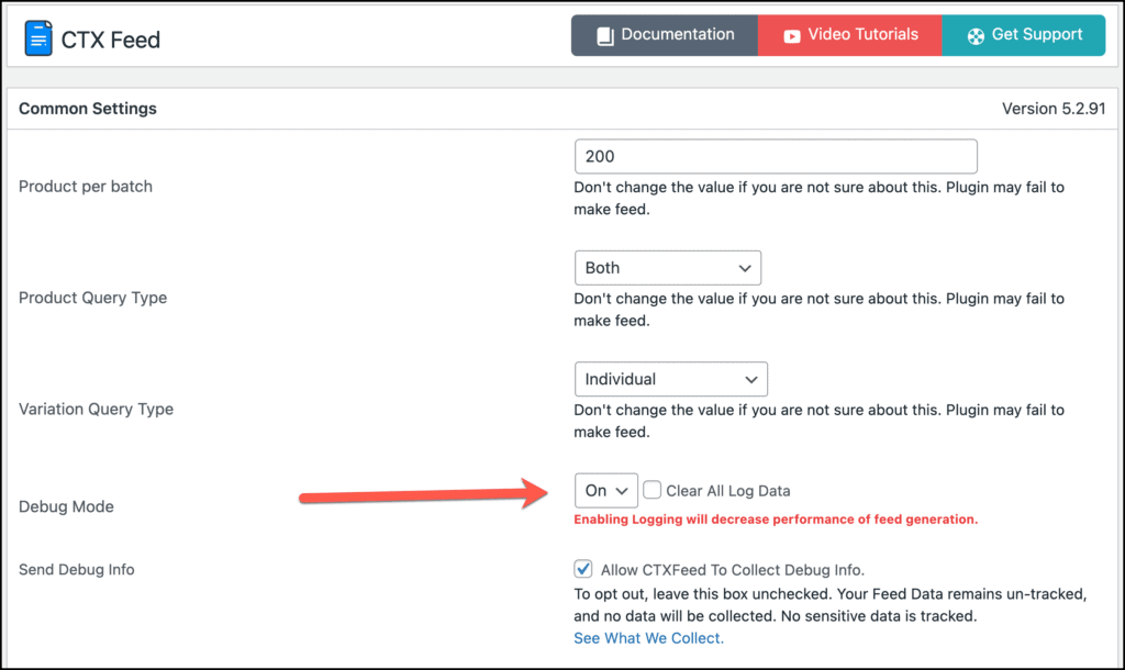 CTX feed enable debug mode