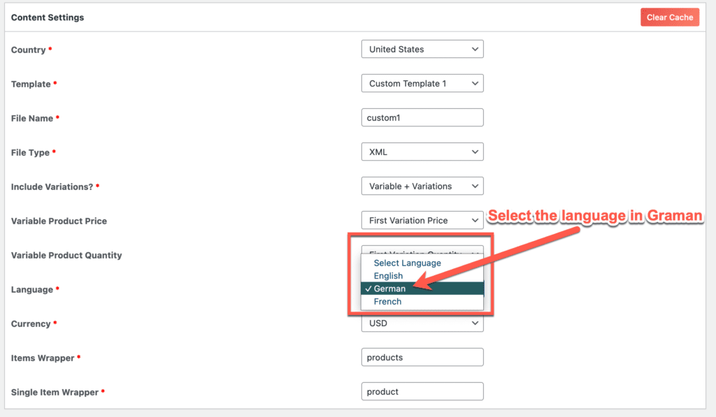 Changing the Language in Content Settings 