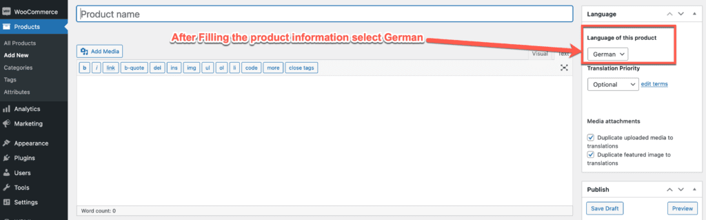 Select Language on Product Page 