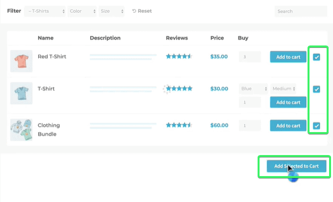 How to let the customers click on the box for the products they want to buy with WooCommerce product table plugin