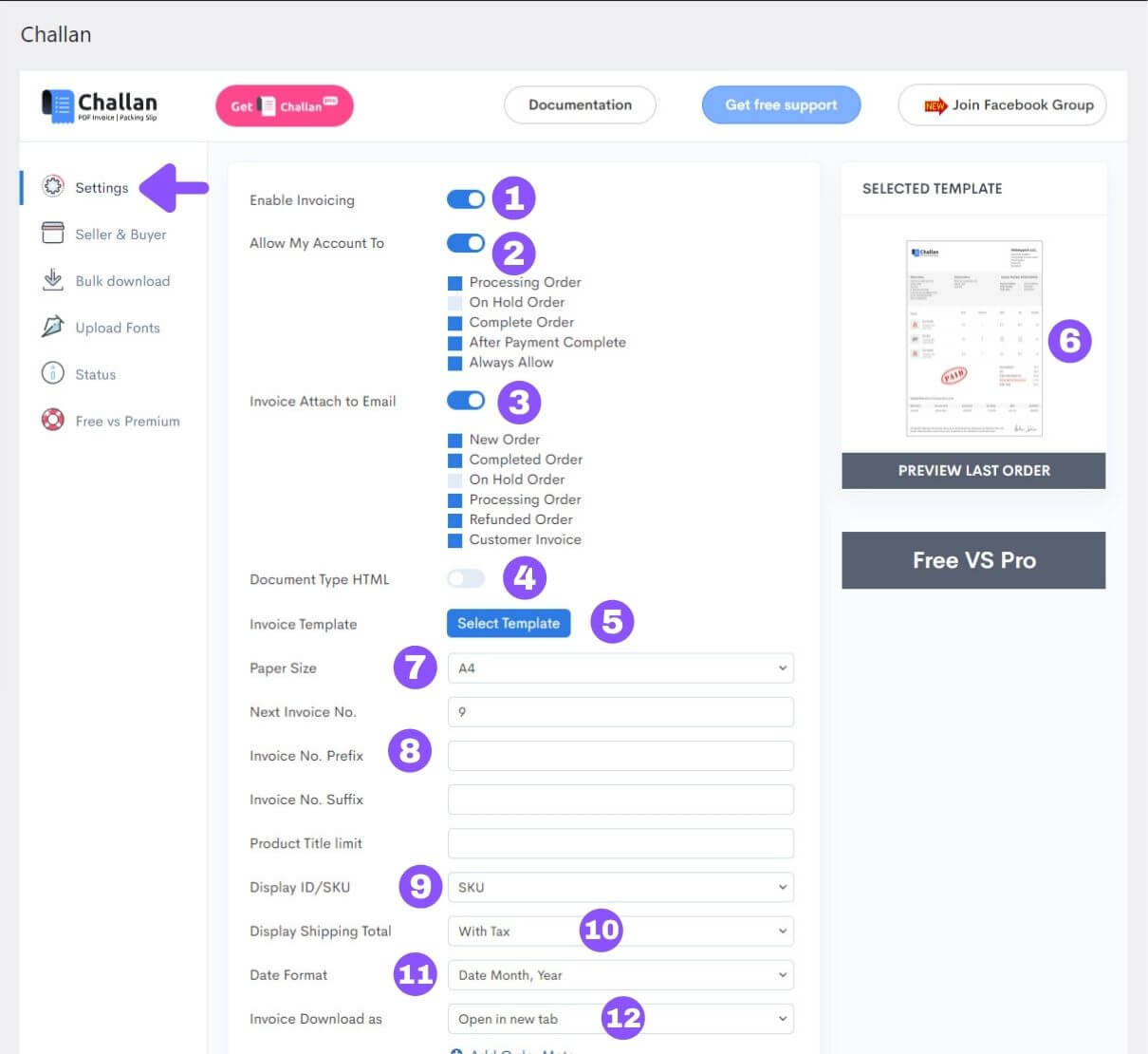 Challan plugin settings