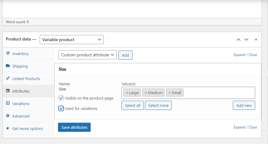 Add your product size attribute