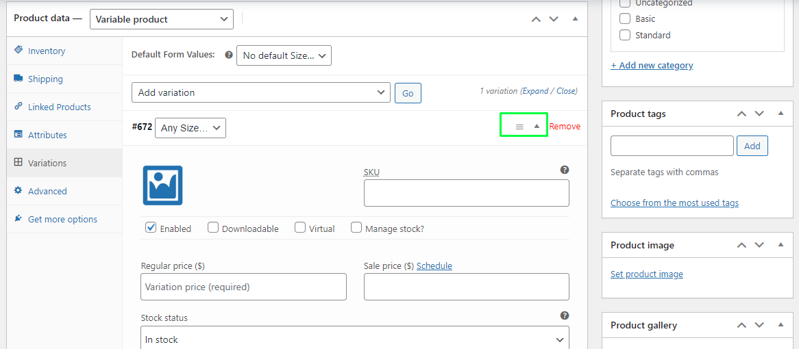 Click the small drop-down arrow to the right of a variation to configure price variation