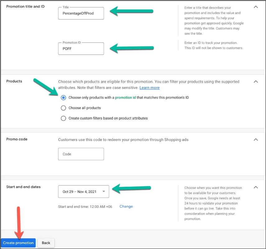 Percentage off promotion title and id - Google Merchant Promotions