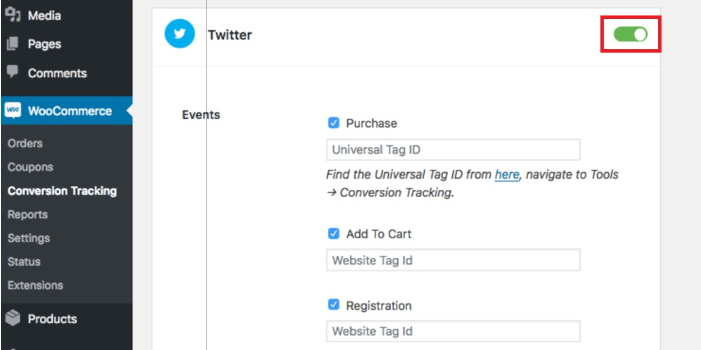 WooCommerce Conversion Tracking twitter settings