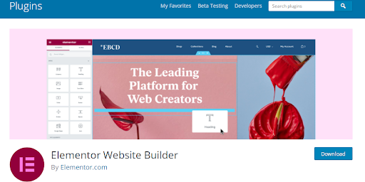 WordPress website offering its Elementor as one of its plugins
