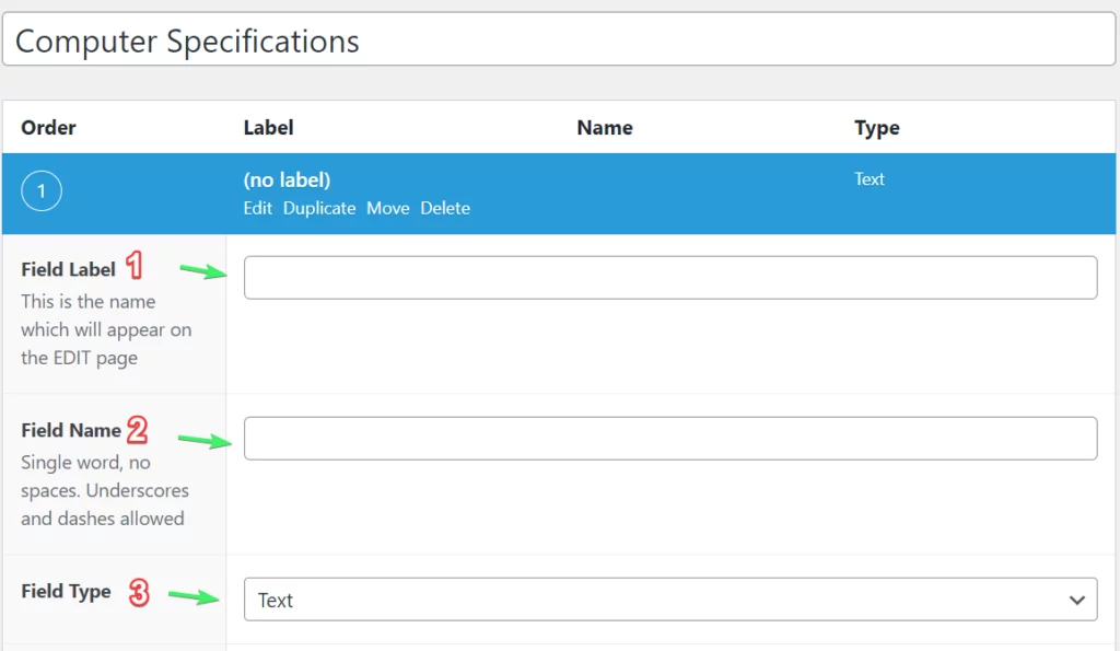 add field label, field name, and field type for the advanced custom fields for WooCommerce products