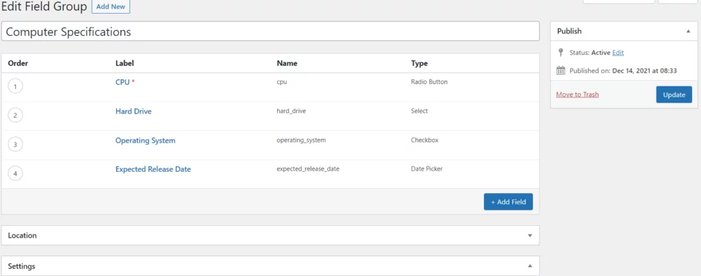 a preview of the fields created for the field group